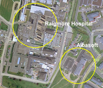 Arial picture of Raigmore Hospital and the Greenhouse, Inverness